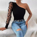 Damen Asymmetrischer Einteiler mit transparentem Puffärmel R&B
