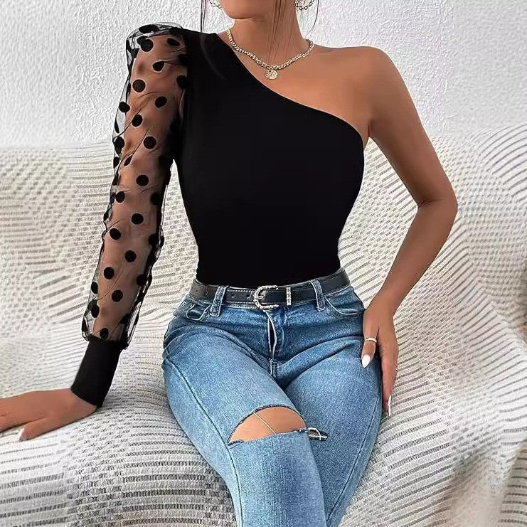 Damen Asymmetrischer Einteiler mit transparentem Puffärmel R&B
