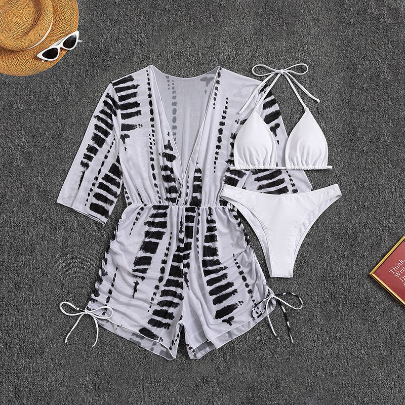 Damen Strandkleid mit tiefem V-Ausschnitt und verstellbaren Rüschendetails