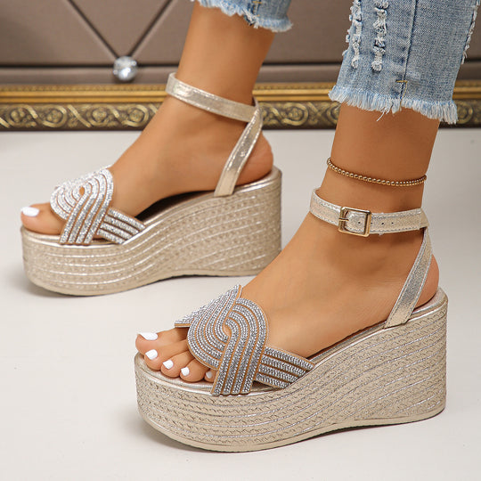 Damen Wedge-Sandaletten mit funkelnden Strassakzenten und elastischem Riemen R&B
