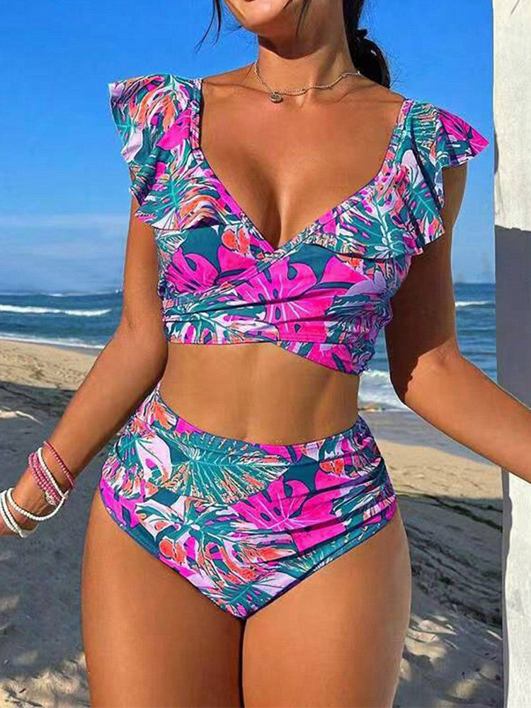 Damen Hoch-tailliertes Badebikini mit verspielten Rüschendetails R&B