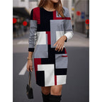 Damen Modisches Kleid mit geometrischem Muster und langen Ärmeln R&B