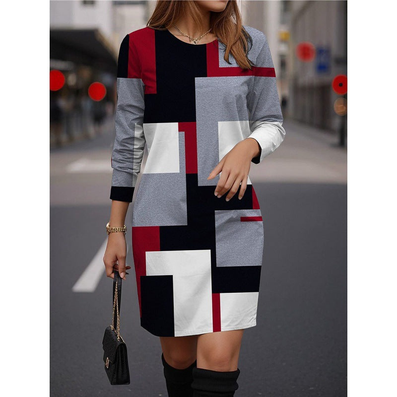 Damen Modisches Kleid mit geometrischem Muster und langen Ärmeln R&B
