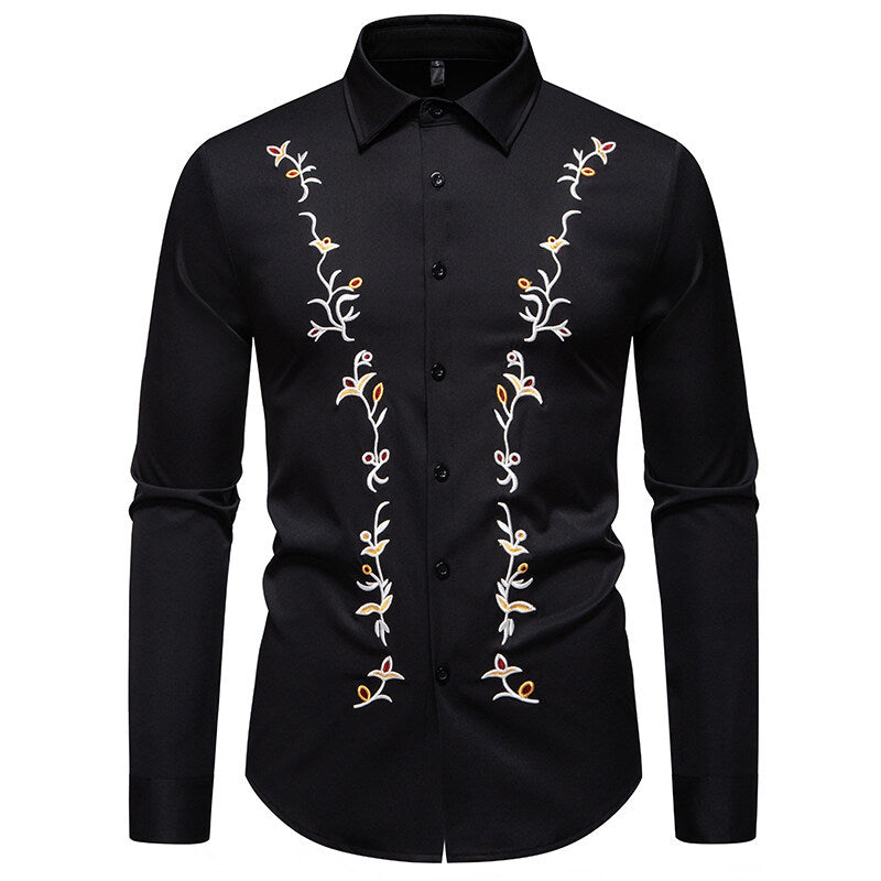 Herren Langarmhemd mit floralen Stickereien R&B