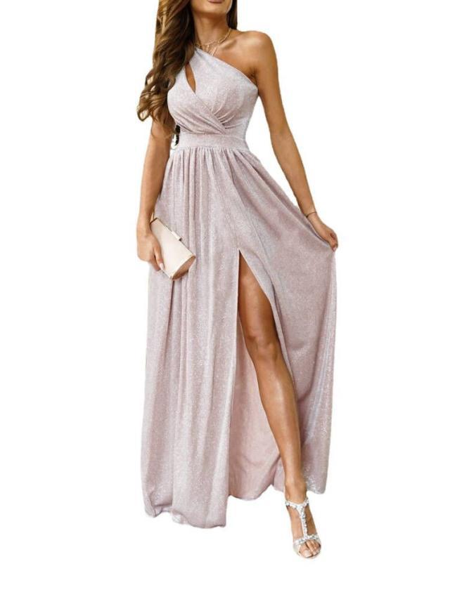 Damen elegantes Abendkleid mit asymmetrischem Ausschnitt und Seitenschlitz R&B