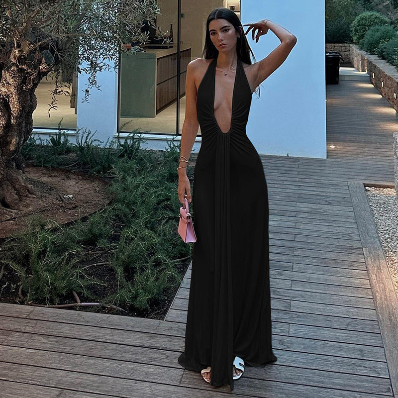 Damen Maxikleid mit tiefem V-Ausschnitt und eleganten Drapierungen R&B