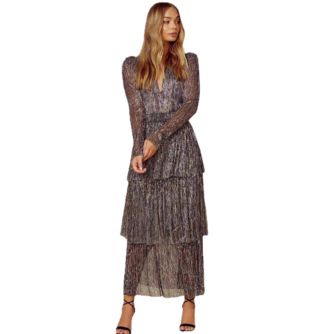 Damen Glamouröses Abendkleid mit schillernden Lagen und V-Ausschnitt R&B