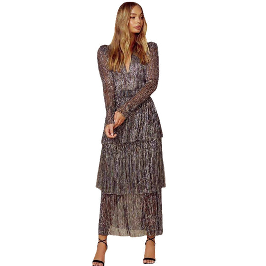 Damen Glamouröses Abendkleid mit schillernden Lagen und V-Ausschnitt R&B