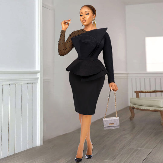 Damen Etuikleid mit transparenten Puffärmeln und dekorativem Peplum R&B