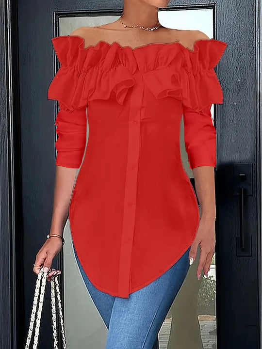 Damen Off-Shoulder Bluse mit Rüschen und Knopfleiste R&B