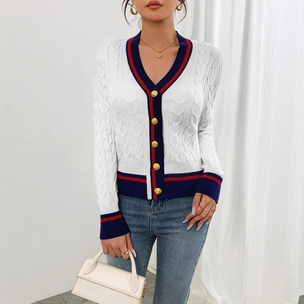 Damen modische Strickjacke mit strukturiertem Zopfdesign und Kontrastbündchen R&B