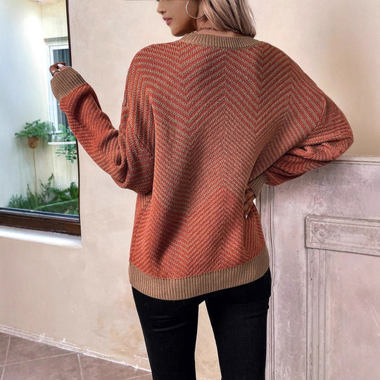 Damen Grobstrickpullover mit modernem Zickzackmuster und weitem Schnitt R&B