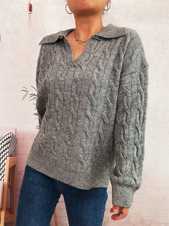 Damen Grobstrickpullover mit farbenfrohem Zopfdesign und klassischem Kragen R&B
