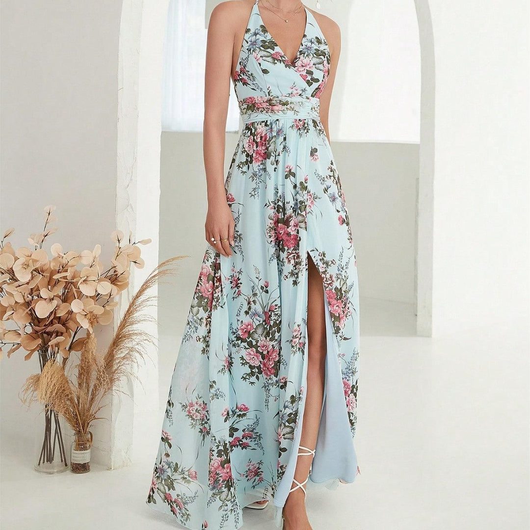 Damen Maxikleid mit hochgeschlossenem Ausschnitt und seitlichem Schlitz R&B