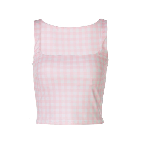 Damen Crop-Top mit quadratischem Ausschnitt und Karomuster R&B