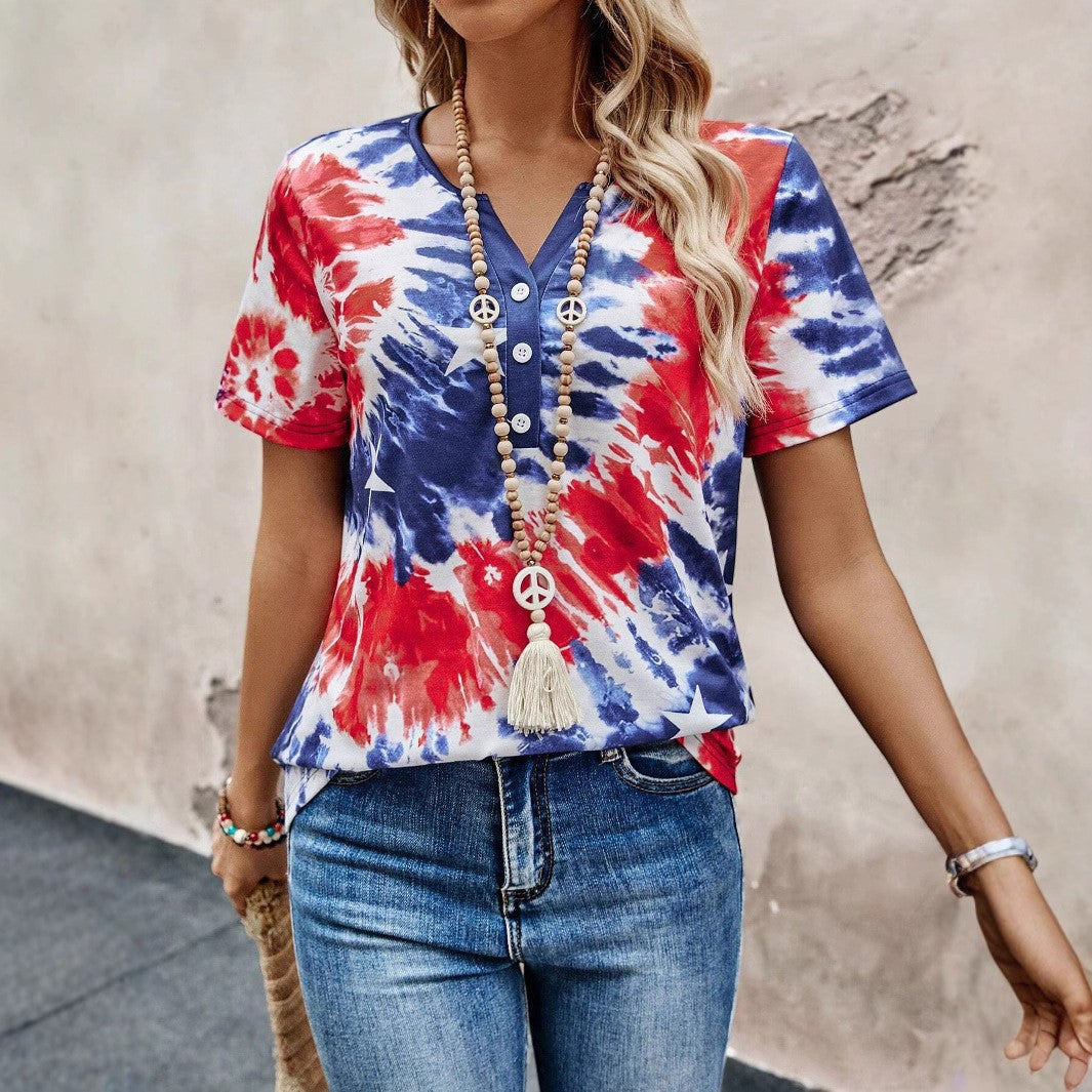 Damen Kurzarm T-Shirt mit knöpfbarem Ausschnitt und verspieltem Batik-Design R&B