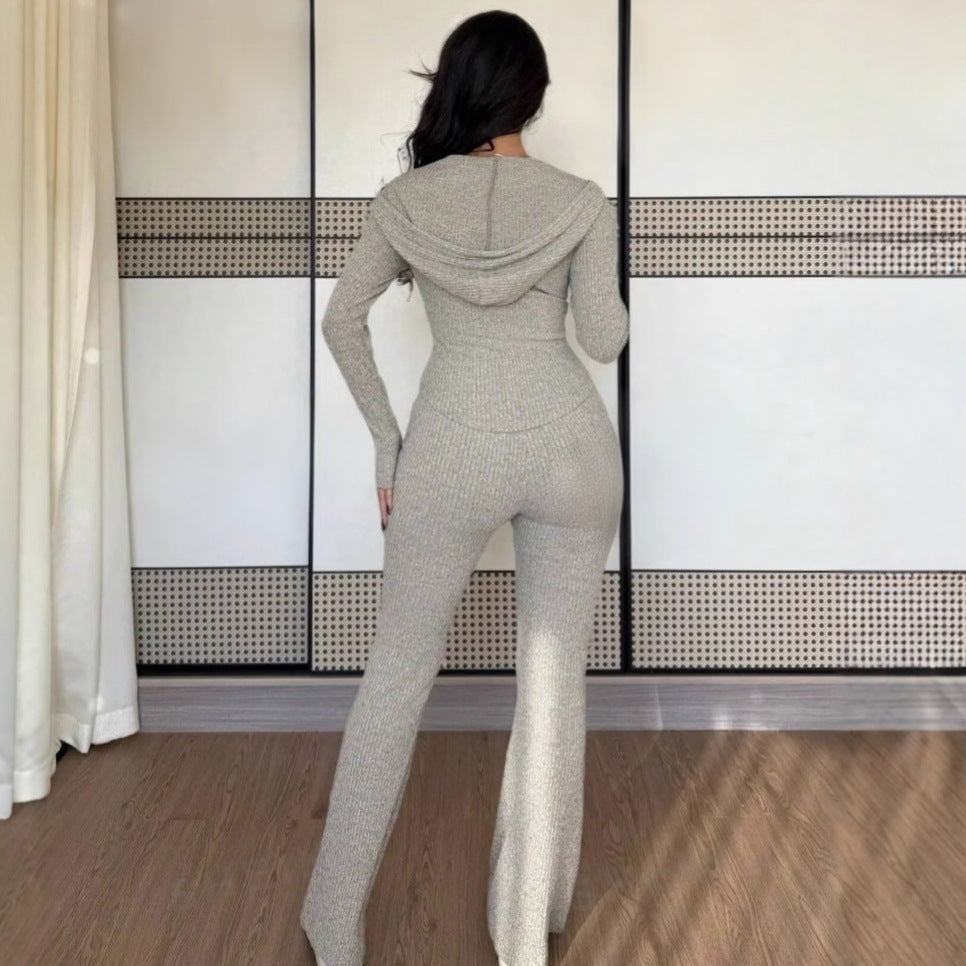 Damen Hochwertiger Strickanzug mit Reißverschluss und weitem Bein R&B