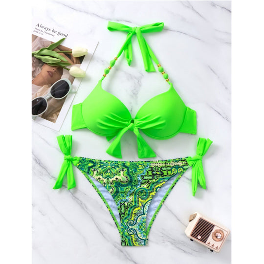 Damen Bikini-Set mit modischen Bindebändern und herausgearbeitetem Muster R&B