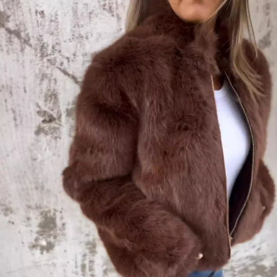 Damen kuschelige und modische Fleecejacke mit Stehkragen und Reißverschluss R&B