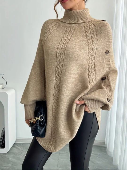 Damen Eleganter Strickponcho mit Rollkragen und Zopfmuster R&B
