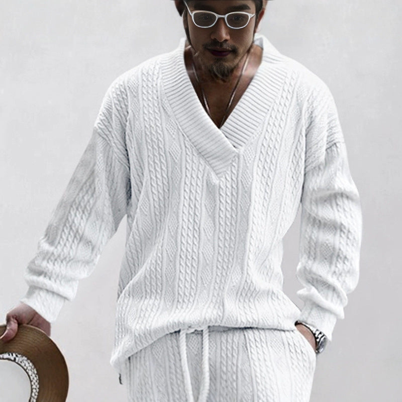 Herren nan Oversize Zopfmuster-Longpullover mit tiefem V-Ausschnitt und passender Strickhose R&B