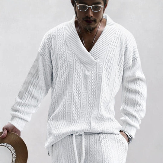Herren nan Oversize Zopfmuster-Longpullover mit tiefem V-Ausschnitt und passender Strickhose R&B