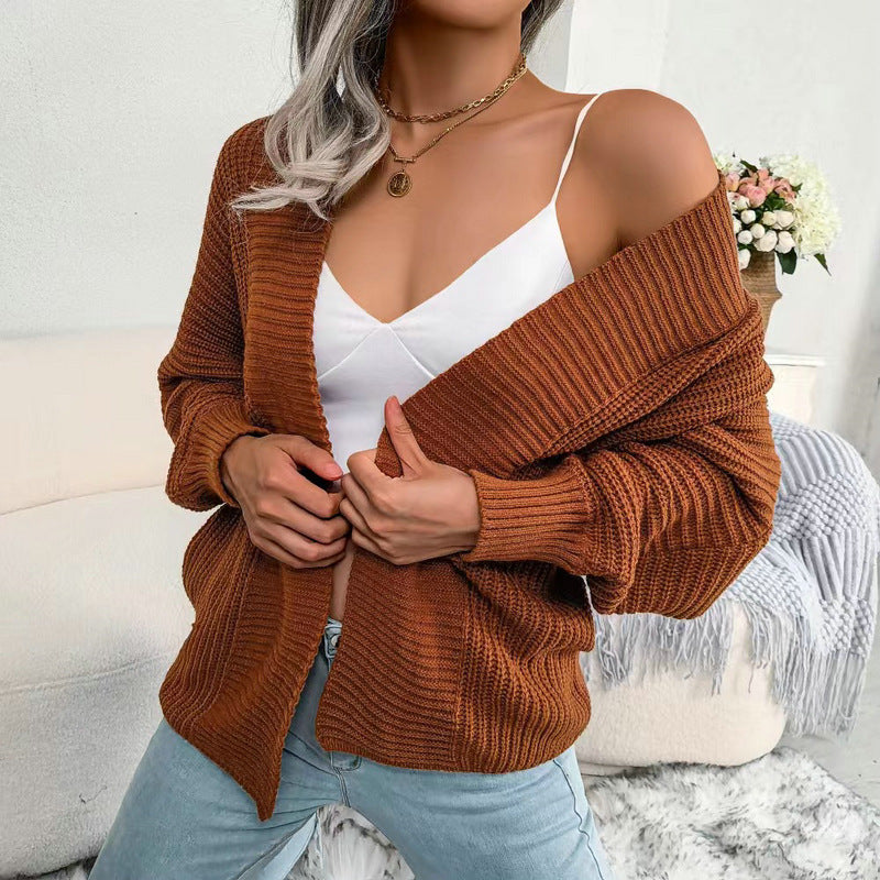 Damen Grobstrick Cardigan mit weit geschnittenen Ärmeln und offenem V-Ausschnitt R&B