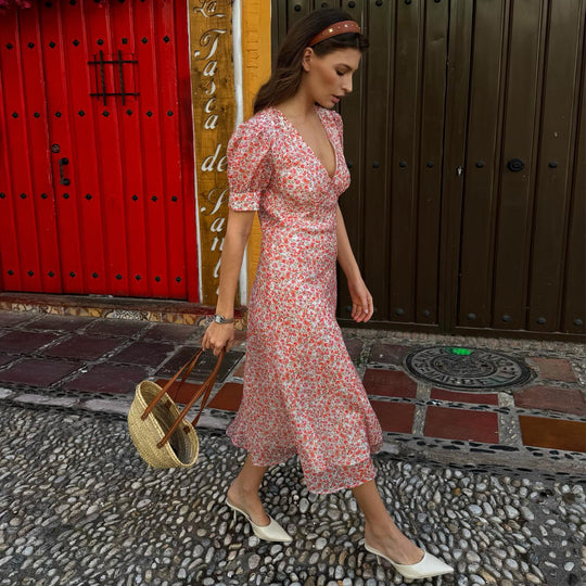 Damen Maxikleid mit süßem floralem Muster und puffärmeligem Schnitt R&B