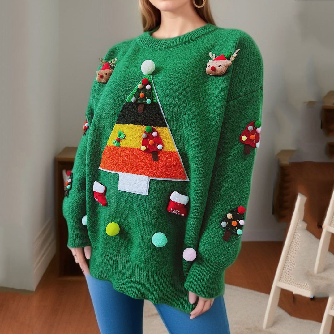 Damen Weihnachts-Pullover mit festlichem 3D-Motiv und dekorativen Applikationen R&B