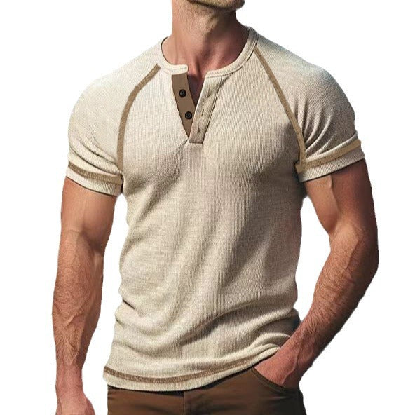 Herren Kurzarm-Henley-Shirt aus atmungsaktivem Strukturmaterial mit dekorativer Knopfleiste R&B
