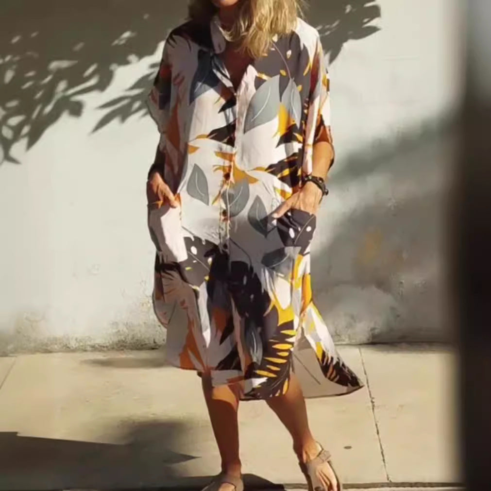 Damen nan luftig-leichtes Kaftan-Hemdkleid mit überschnittener Schulter, verdeckter Knopfleiste und seitlichen Eingrifftaschen R&B