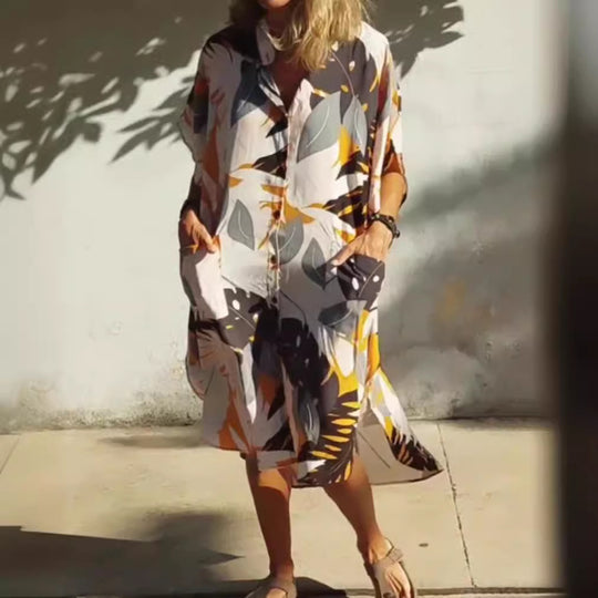Damen nan luftig-leichtes Kaftan-Hemdkleid mit überschnittener Schulter, verdeckter Knopfleiste und seitlichen Eingrifftaschen R&B