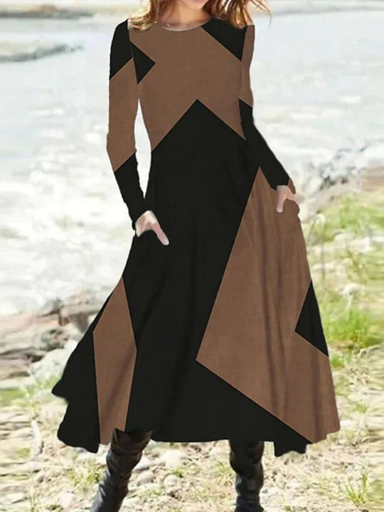 Damen nan geometrisches Maxikleid mit langen Ärmeln, A-Linien-Schnitt und seitlichen Eingrifftaschen R&B