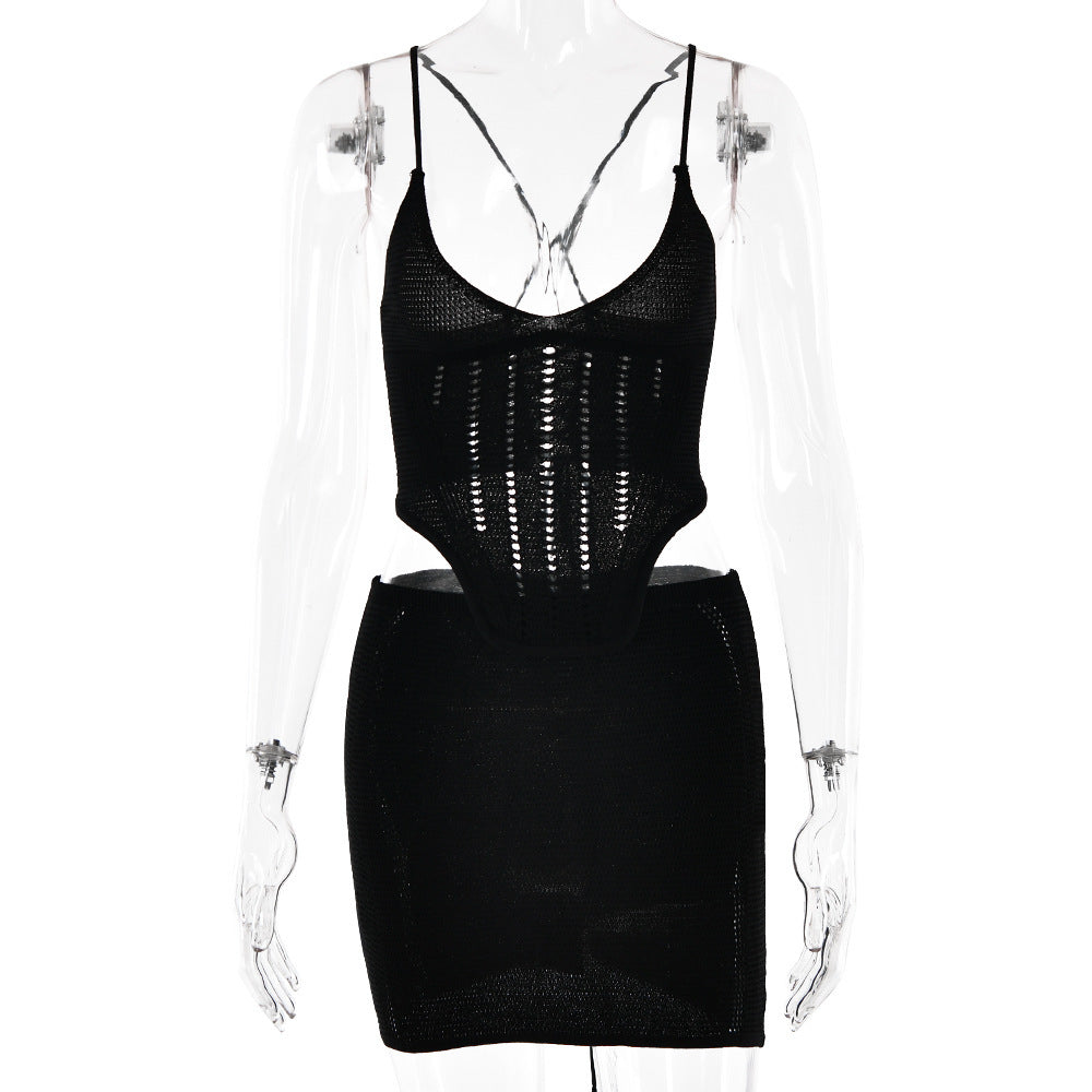Damen Kleid mit tiefem V-Ausschnitt und ausgefallenem Häkelmuster R&B