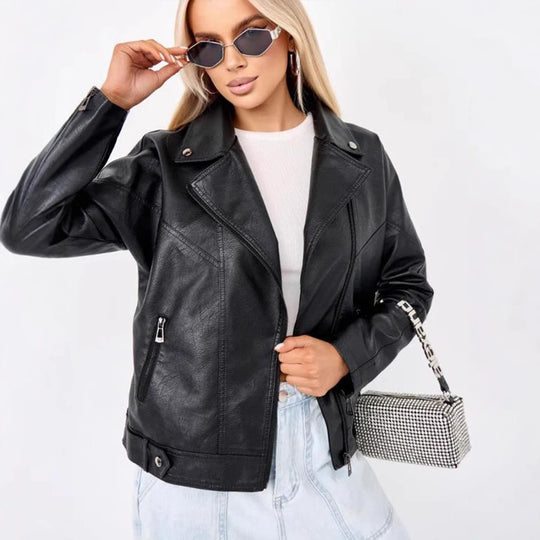 Damen hochwertige Kunstlederjacke im Biker-Stil mit asymmetrischem Reißverschluss R&B