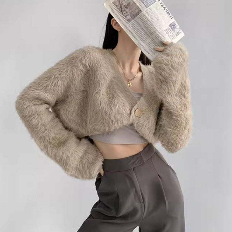 Damen cropped Strickjacke mit voluminösen Ärmeln und Knopfdetail R&B
