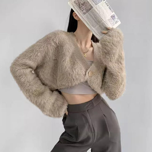 Damen cropped Strickjacke mit voluminösen Ärmeln und Knopfdetail R&B