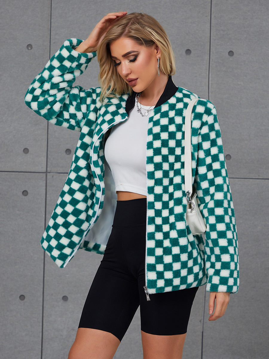 Damen Modische Kunstpelzjacke mit Karomuster und hohem Kragen R&B