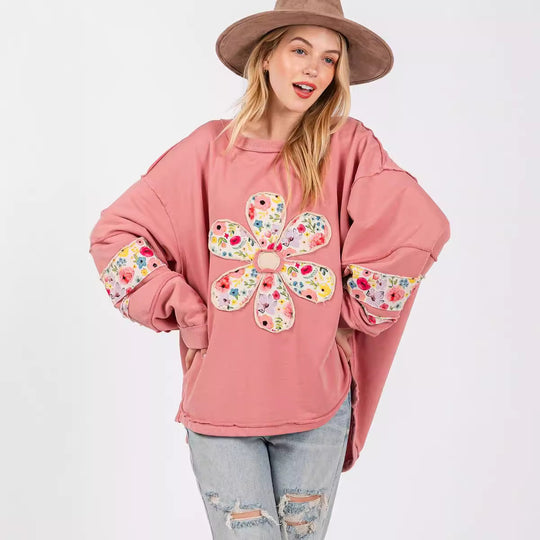 Damen lässiger Oversize-Pullover mit floralem Applikationsdesign R&B