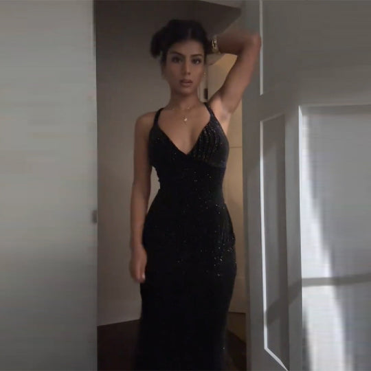 Damen glamouröses Abendkleid mit glitzerndem Paillettenbesatz und tiefem V-Ausschnitt R&B