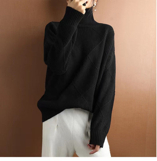 Damen hochwertiger Strickpullover mit stehendem Kragen und extravagantem Rautenmuster R&B