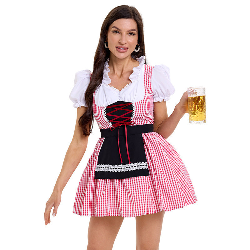 Damen Trachtenkleid im modernen Latzdesign mit nostalgischen Karomustern und verspieltem Schürzenakzent R&B