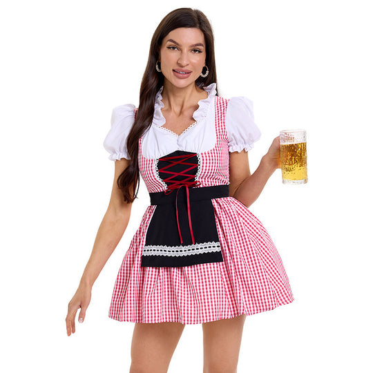 Damen Trachtenkleid im modernen Latzdesign mit nostalgischen Karomustern und verspieltem Schürzenakzent R&B