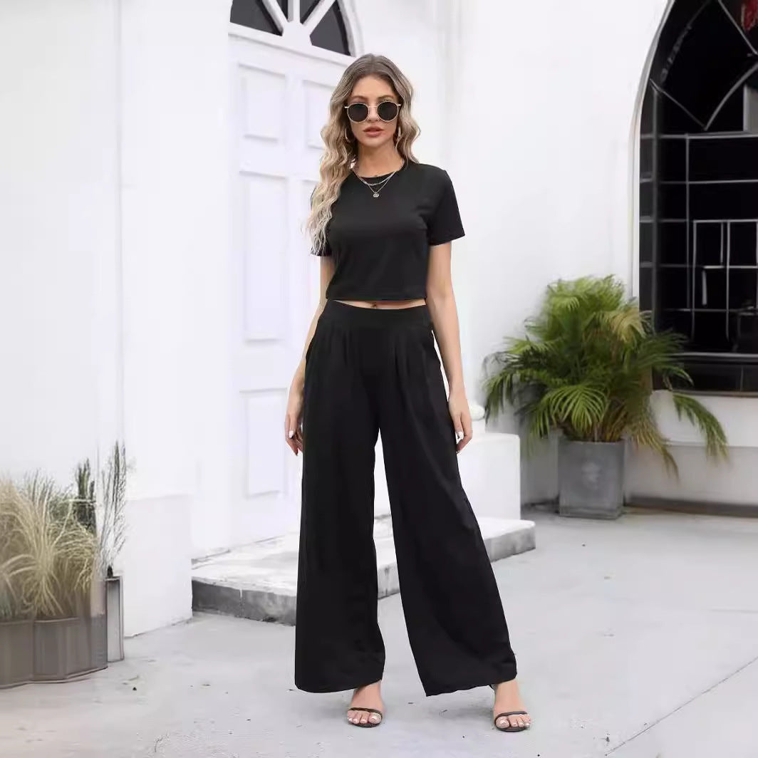 Damen Lässiges Zweiteiler-Set mit kürzem T-Shirt und weiten Pants R&B