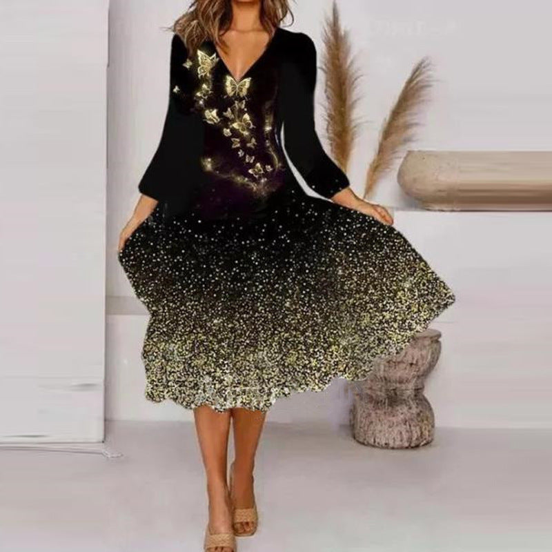 Damen V-Ausschnitt Midi-Kleid mit fließendem Rock und floralem Ärmeldesign R&B