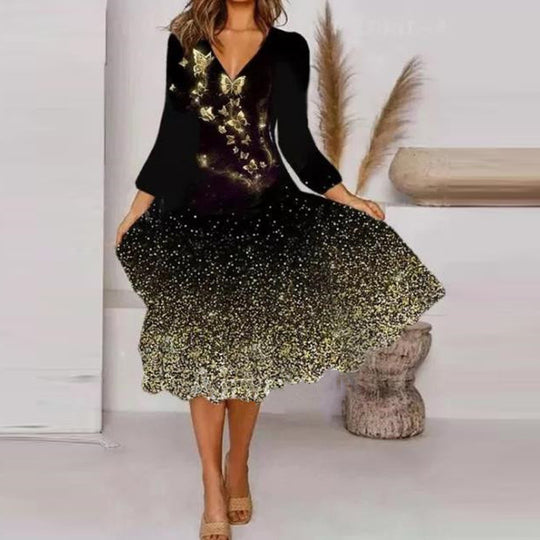 Damen V-Ausschnitt Midi-Kleid mit fließendem Rock und floralem Ärmeldesign R&B