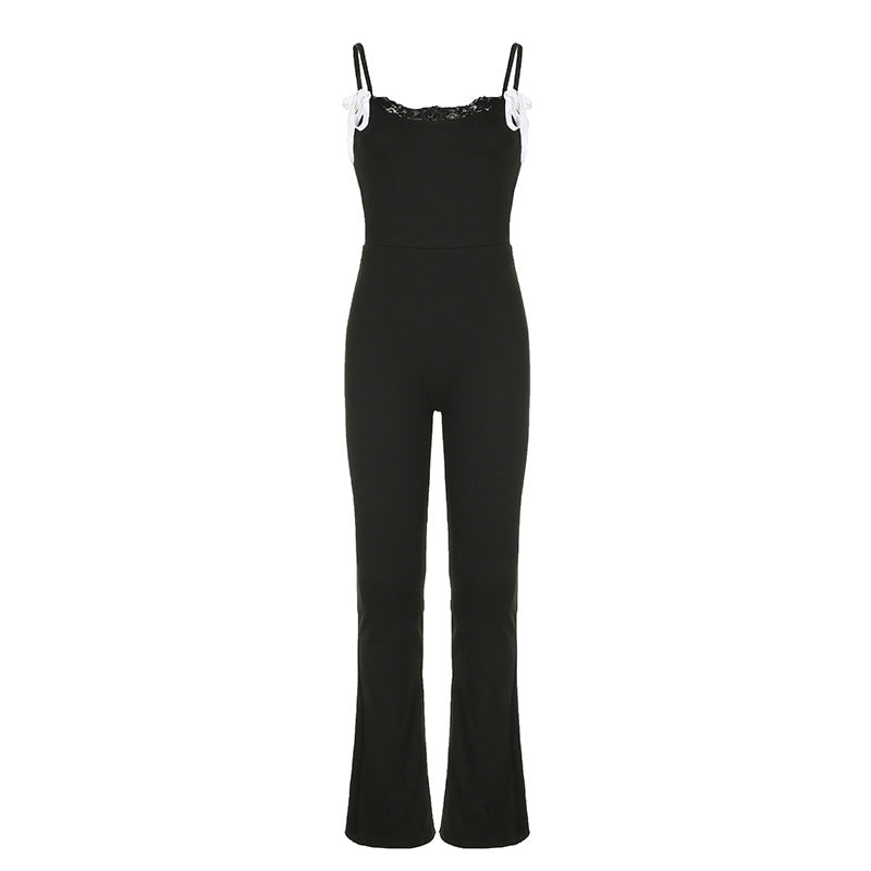 Damen Eleganter Jumpsuit mit Spitze und weitem Beinsaum R&B