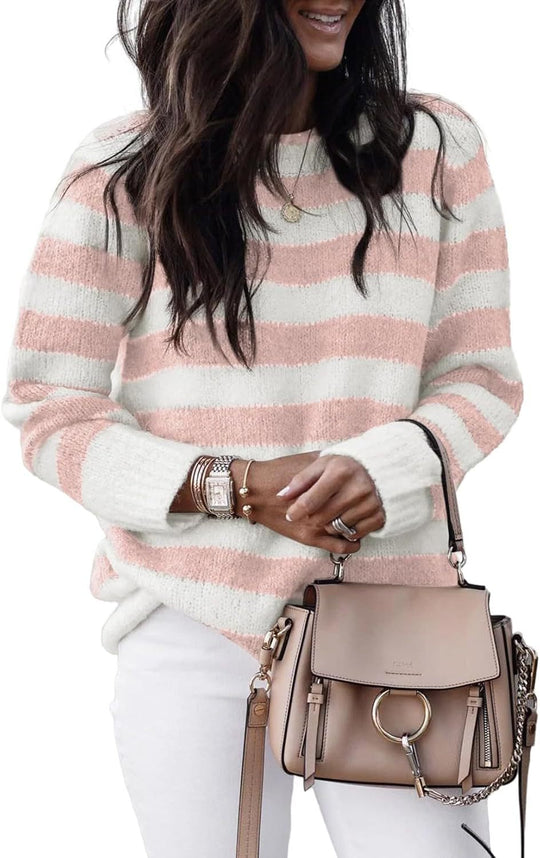 Damen lässiger Strickpullover mit breiten Querstreifen R&B