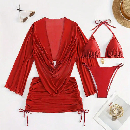 Damen Bikini-Set mit raffinierter Wickelbluse und halbtransparentem Rock R&B