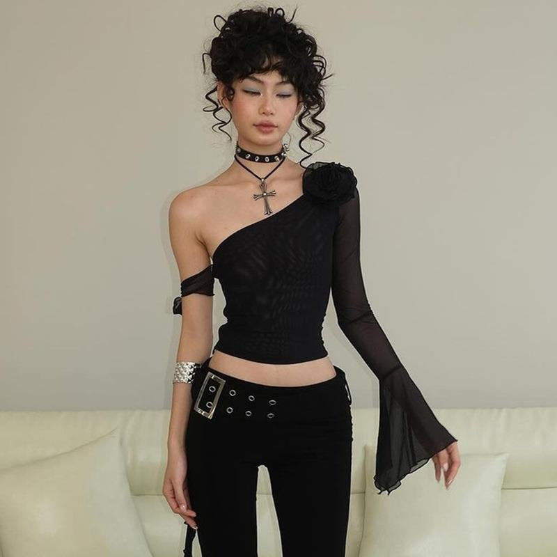 Damen Off-Shoulder Oberteil mit transparenten Ärmeln und dekorativen Akzenten R&B